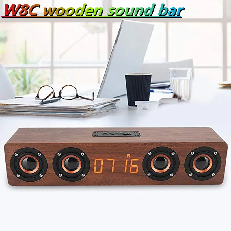 

Wooden Wreless Bluetooth Speaker Home Theater Soundbar Column Multifunctional Retro LED Alarm Clock Boombox Portable Subwoofer