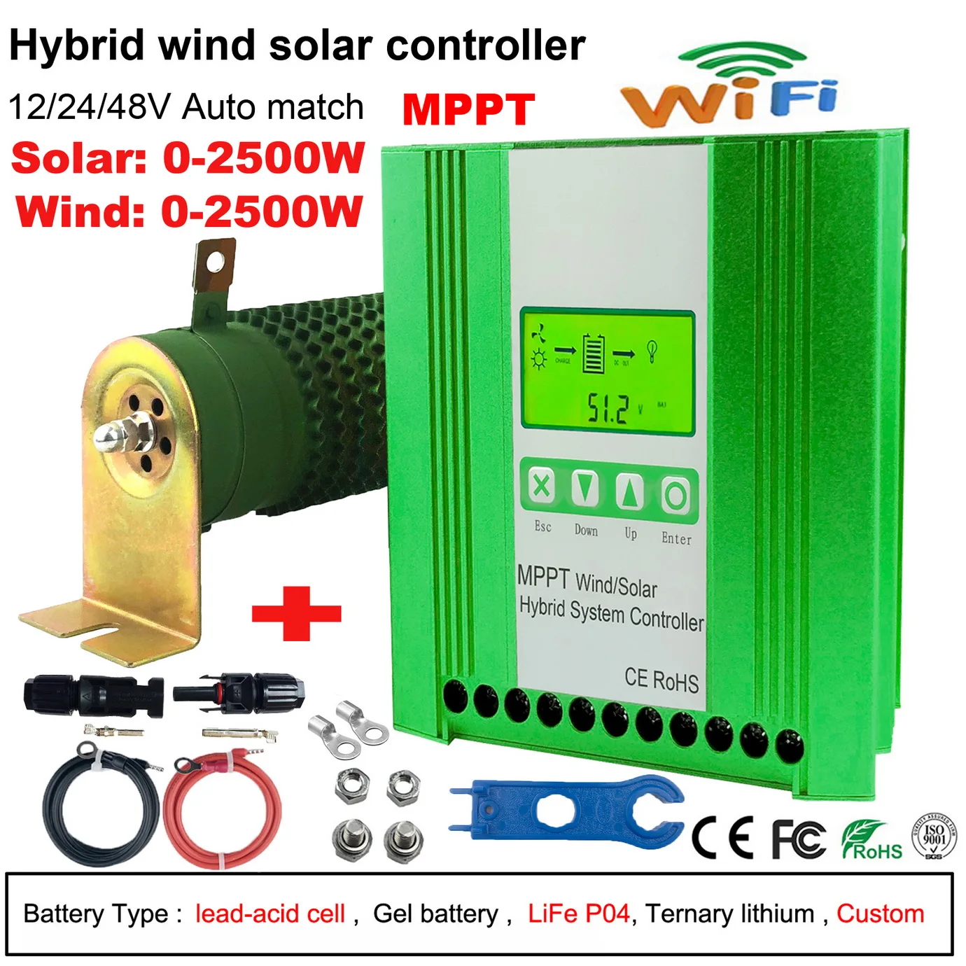 

5000W 12 24 48V MPPT Hybrid Charge Controller Wind Generator Solar Panel Charger LCD Display Dump Load For Household Systems