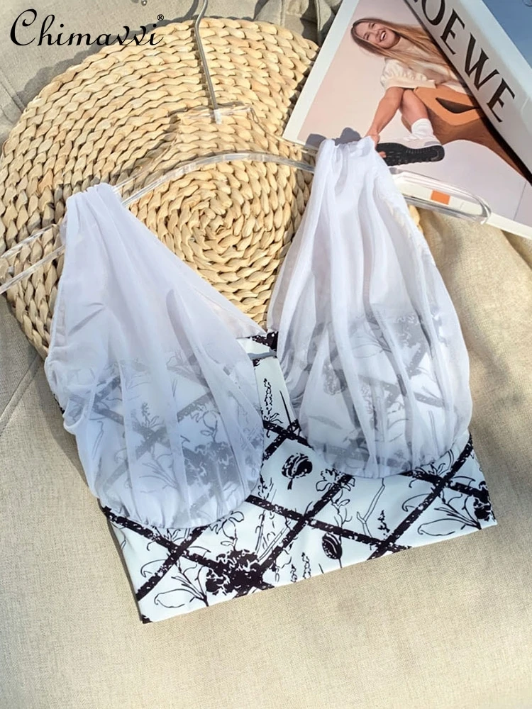 Mesh Stitched Backless Sexy Printed Short Sling Women's 2022 Summer New Fashion Chest Pad Sweet Crop Top for Female 
Mesh Stitched Backless Sexy Printed Short Sling Women's 2022 Summer New Fashion Chest Pad Sweet Crop Top for Female
