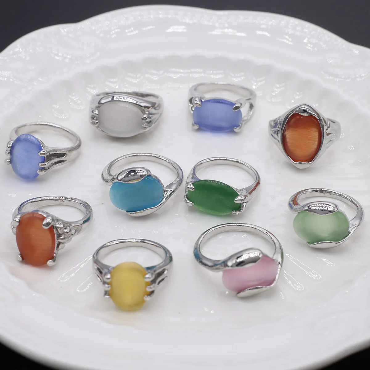 

10Pcs Mix Various Shapes Style Multicolored Opal Ring Fashionable Metal Ring Wedding Banquet Party Ring For Woman Girls Gift