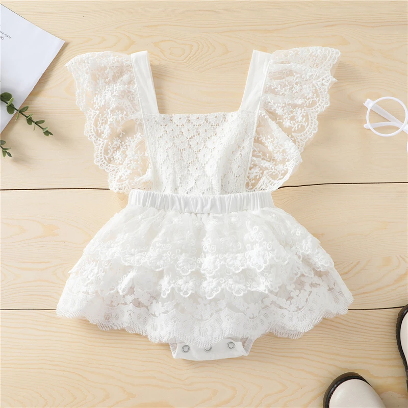 

Newborn Infant Baby Bodysuit Lace Ruffles Short Sleeve Backless Princess Layered Rompers Baby Girls Sunsuit 0-24 Months