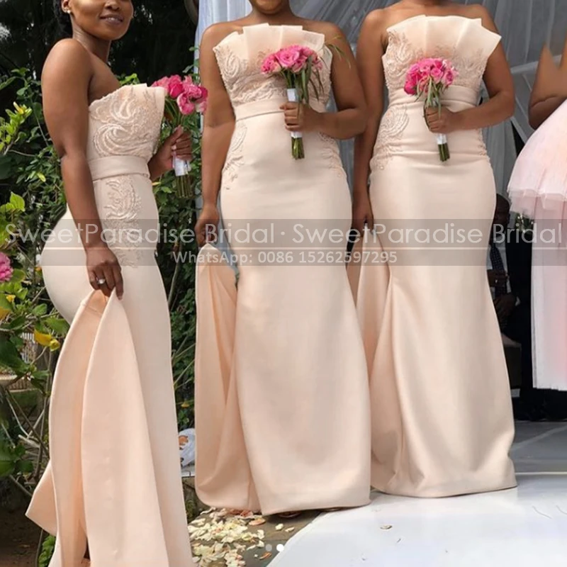 Peach Appliques Mermaid Bridesmaid Dresses Ruched Strapless Long Customize Maid Of Honor Dress Wedding Party
Peach Appliques Mermaid Bridesmaid Dresses Ruched Strapless Long Customize Maid Of Honor Dress Wedding Party