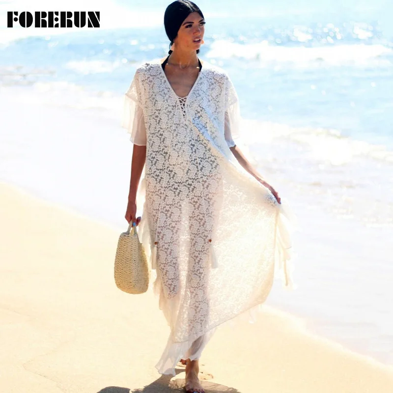 FORERUN Ruffle Beach Maxi Dress Women Chiffon White Lace V Neck Bohemain Long Tunic Summer Beachwear Swimsuit Cover Up
FORERUN Ruffle Beach Maxi Dress Women Chiffon White Lace V Neck Bohemain Long Tunic Summer Beachwear Swimsuit Cover Up