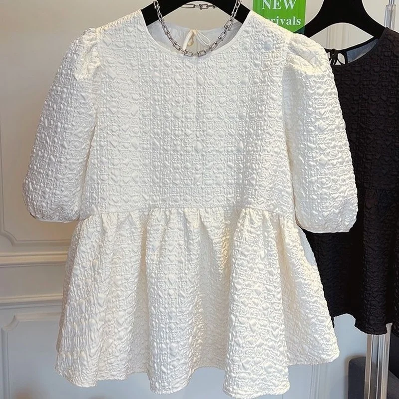 Loose Casual Ruffled Hem Puff Sleeve Pleated Chiffon Top Women Summer Short Sleeve Doll Shirt 2022 White Blusas Mujer elegantes
Loose Casual Ruffled Hem Puff Sleeve Pleated Chiffon Top Women Summer Short Sleeve Doll Shirt 2022 White Blusas Mujer elegantes