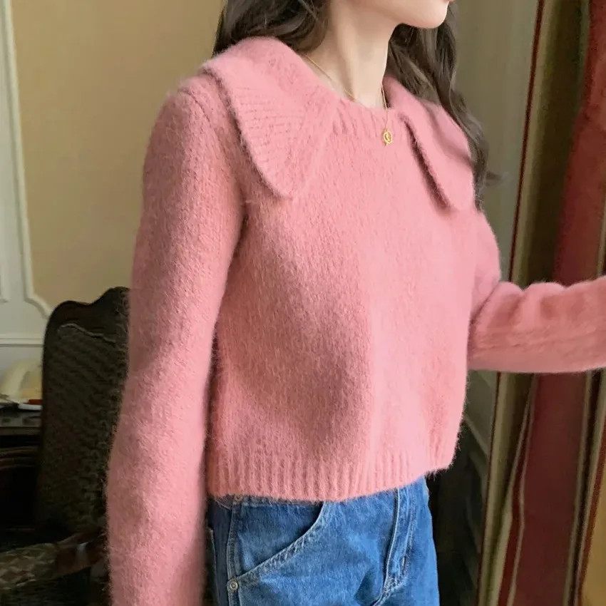 Winter Women's Sweet Short Knitted Sweaters & Jumpers Peter Pan Collar Pink Pullovers Solid Color Tops 2023
Winter Women's Sweet Short Knitted Sweaters & Jumpers Peter Pan Collar Pink Pullovers Solid Color Tops 2023