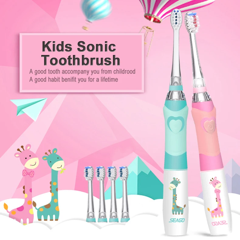 

SEAGO Children's Sonic Electric Toothbrush Battery LED Sonic Kids Tooth Brush Smart Timer Replacement Brush Heads