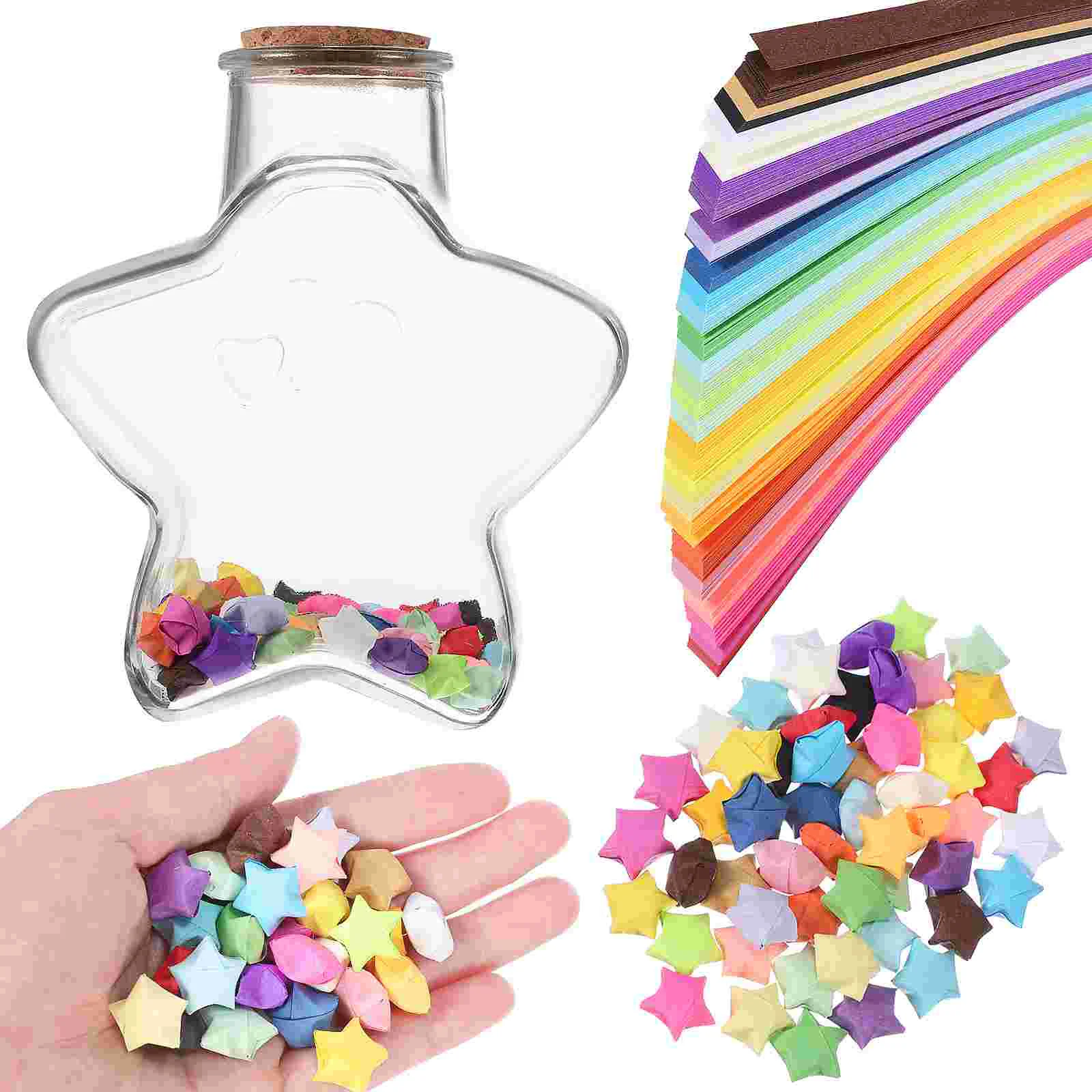 

540 Sheets Rainbow Origami Star Paper Strips with Glass Wishing Bottle for Birthday Gift Room Decoration