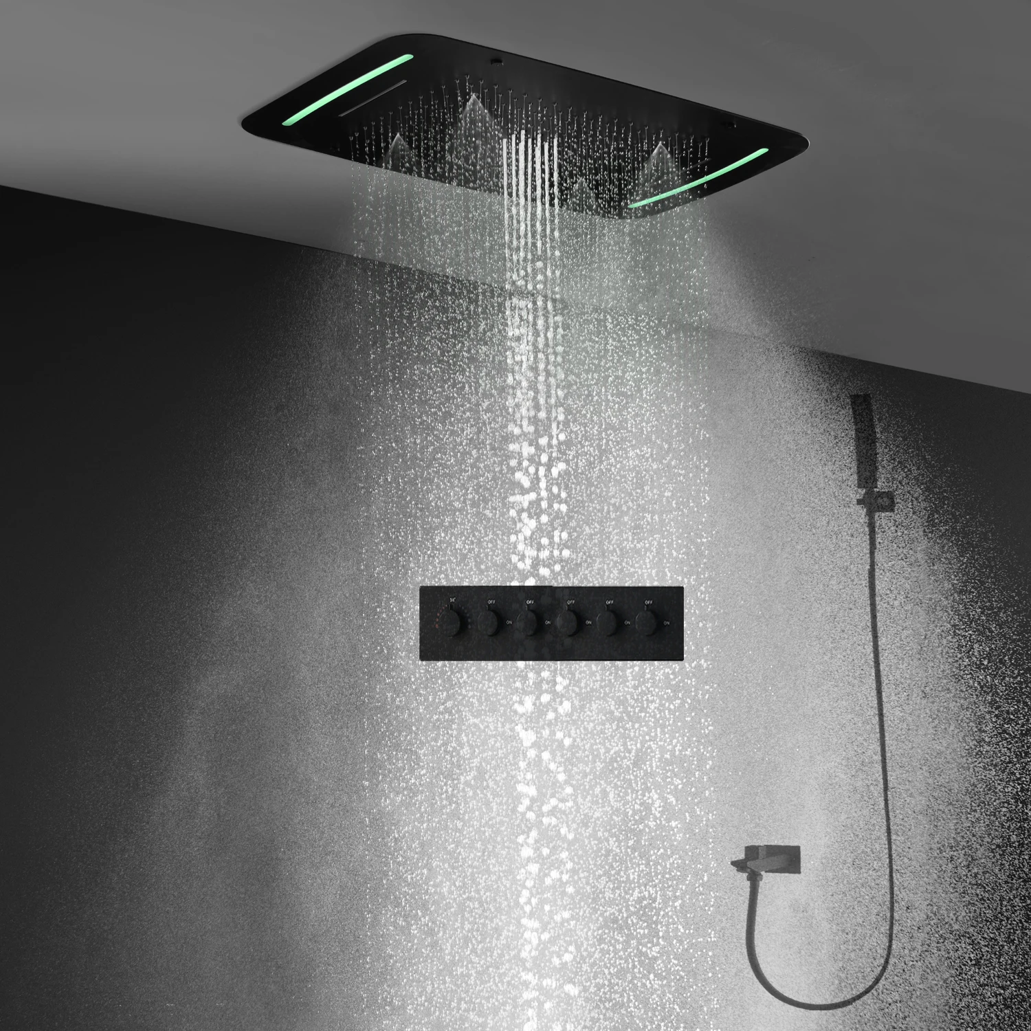 Bathroom Ceiling LED Rainfall Shower Set 710X430MM 304 Stainless Steel Massage Waterfall ShowerHead Luxury Thermostatic Faucets 
Bathroom Ceiling LED Rainfall Shower Set 710X430MM 304 Stainless Steel Massage Waterfall ShowerHead Luxury Thermostatic Faucets