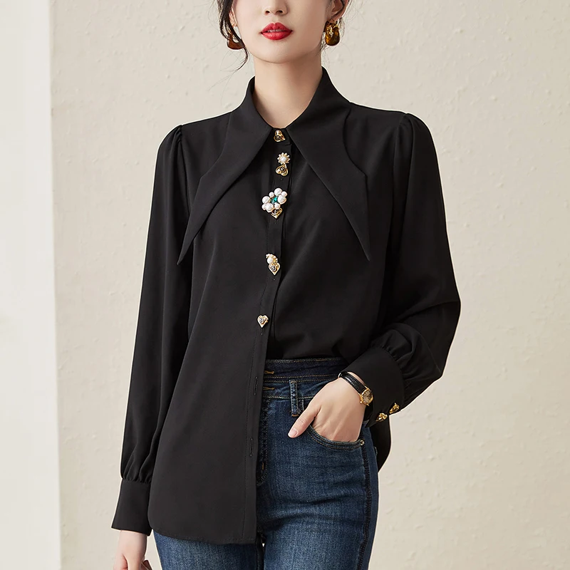 2023 Spring Summer Women's Black Shirt Elegant Turn-down Collar Long Sleeve Shirts Loose Blouses 30% Real Silk Woman Blouse Tops
2023 Spring Summer Women's Black Shirt Elegant Turn-down Collar Long Sleeve Shirts Loose Blouses 30% Real Silk Woman Blouse Tops