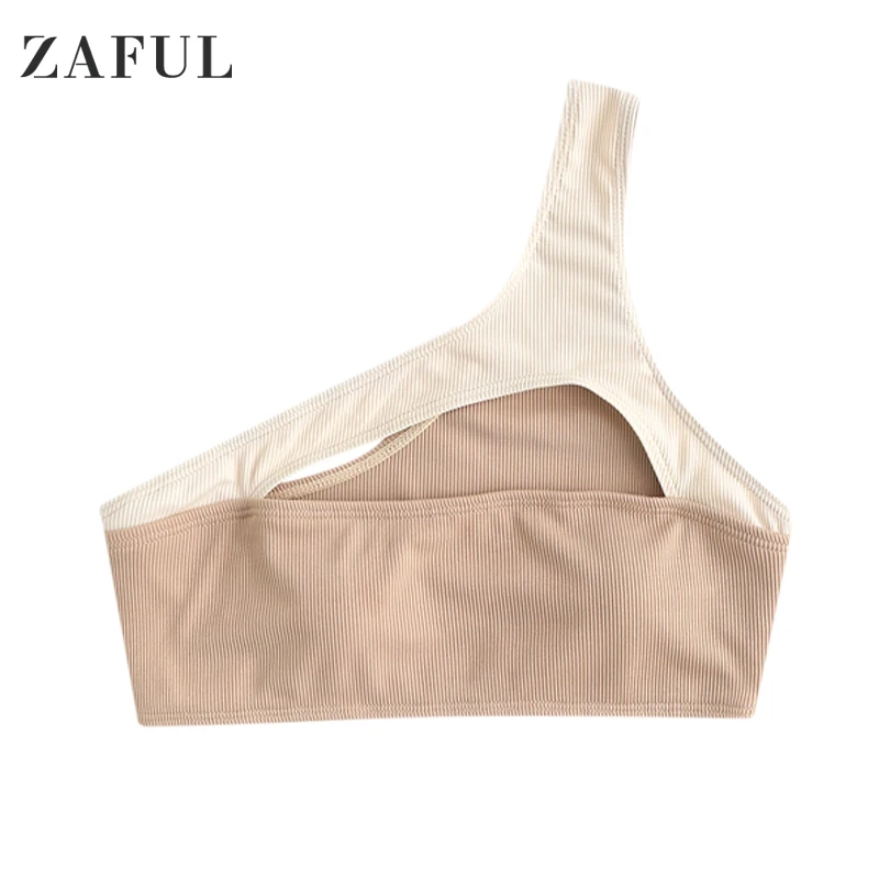 

ZAFUL Ribbed Cut Out Two Tone One Shoulder Bikini Top Women Removable Pads Swim Top