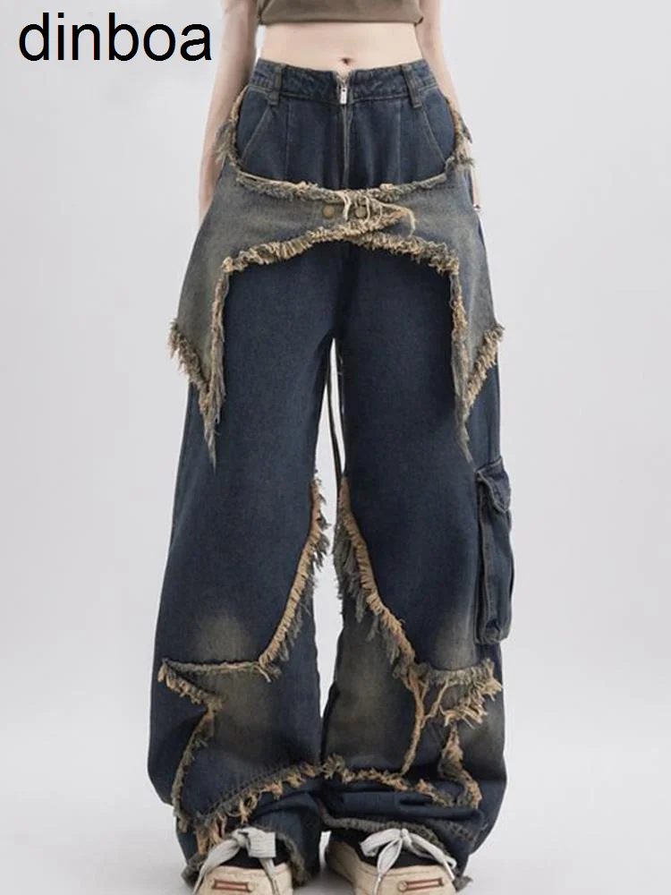 

Cargo Jeans Pants Women Street Loose Oversize Panelled Pentacle Raw Hem Pant 2023 Vintage Blue Hip Hop Female Denim Trousers