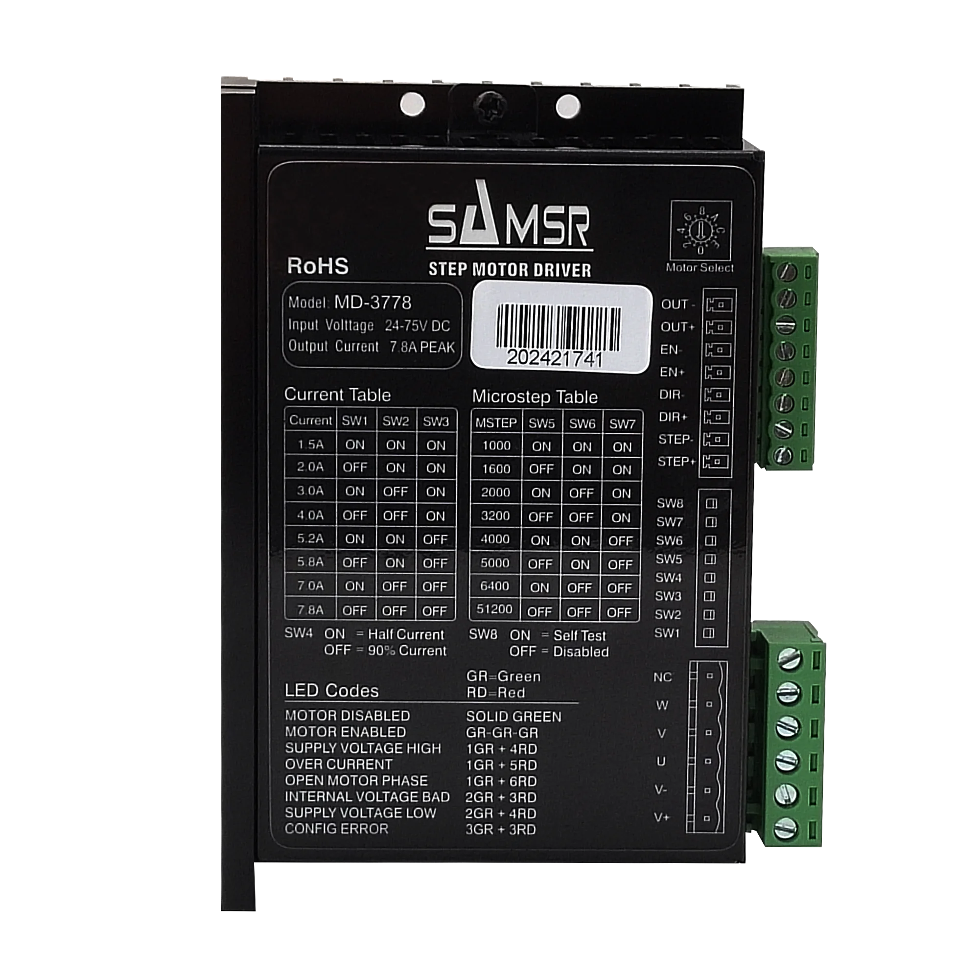 Samsr 24-75v 7.8a 8 different current 3 phase stepper motor driver nema 34 stepper motor driver DC input stepper motor drive
Samsr 24-75v 7.8a 8 different current 3 phase stepper motor driver nema 34 stepper motor driver DC input stepper motor drive