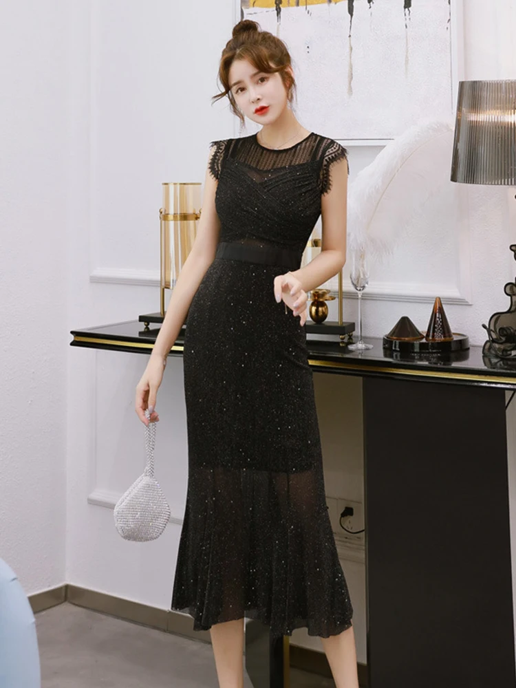 Bright Silk Midi Dress Black Perspective Mesh Stitching Elegant Retro Women's Clothing Mermaid Robe Party Date Street Vestidos
Bright Silk Midi Dress Black Perspective Mesh Stitching Elegant Retro Women's Clothing Mermaid Robe Party Date Street Vestidos