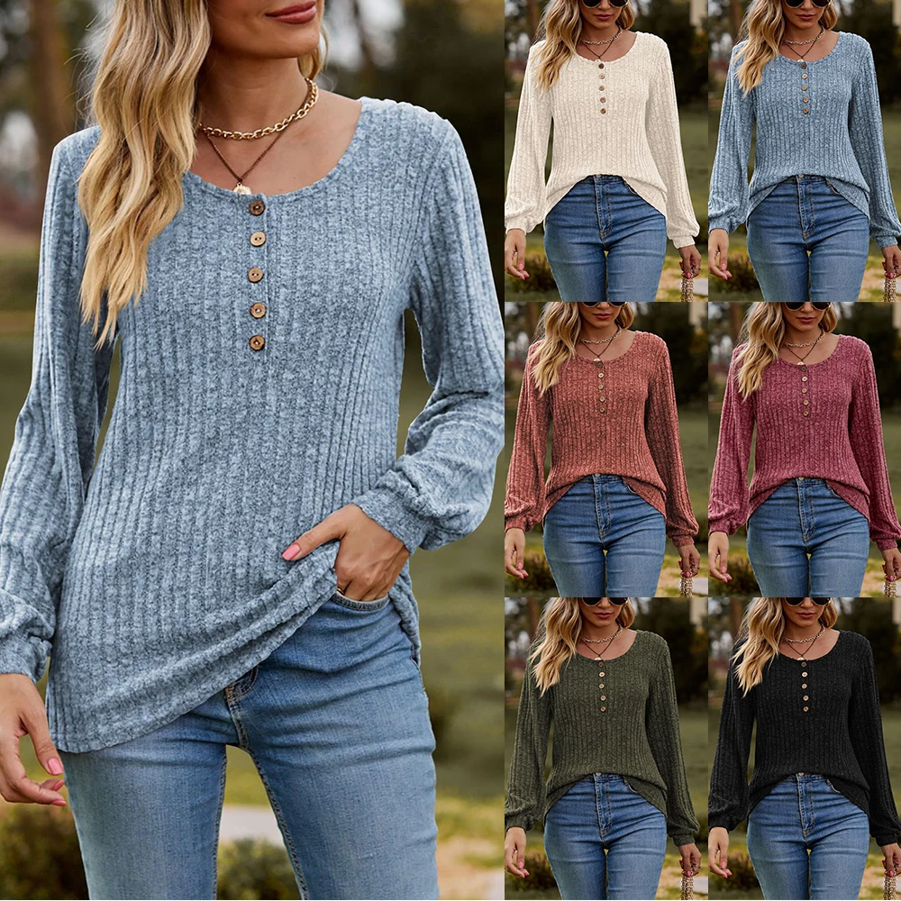 

Spring Autumn Solid Loose Casual Blouse Pullover Jumper Sweater Tops Casual V-neck Long Sleeve Knitwears Buttons Stretch Ribbed