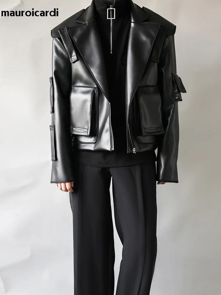 Mauroicardi Spring Autumn Cool Oversized Short Black Soft Faux Leather Jacket Men Zipper Luxury Designer Clothes Runway Fashion
Mauroicardi Spring Autumn Cool Oversized Short Black Soft Faux Leather Jacket Men Zipper Luxury Designer Clothes Runway Fashion