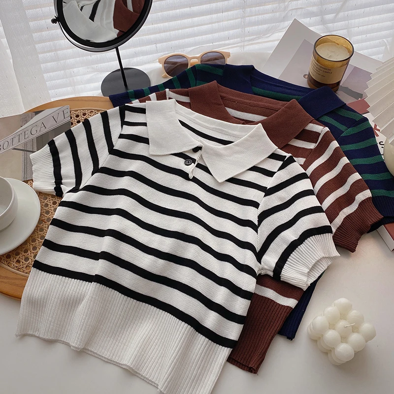 Knitted Pullovers For Women Turn Down Collar Short Sleeve Top Korean Fashion Striped Sweaters Casual Woman Pullover Dropshipping
Knitted Pullovers For Women Turn Down Collar Short Sleeve Top Korean Fashion Striped Sweaters Casual Woman Pullover Dropshipping