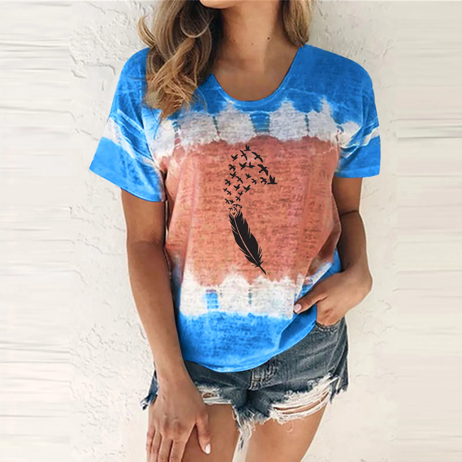 Womens Casual Fashion Feather Printing Round Neck Short Sleeve T Shirt Blouse Tops Boy Quarter Sleeve Shirts
Womens Casual Fashion Feather Printing Round Neck Short Sleeve T Shirt Blouse Tops Boy Quarter Sleeve Shirts