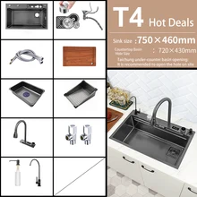 Waterfall Sink Kitchen Stainless Steel Topmount Sink Large Single Slot Wash Basin With Multifunction Touch Waterfall Faucet