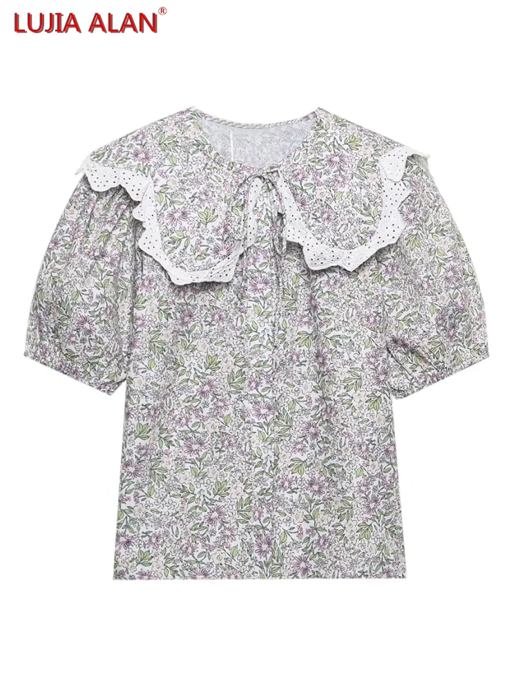 Women Flower Printing Sailor Collar Shirt Summer Female Puff Sleeve Blouse Loose Tops Elegant Streetwear LUJIA ALAN B211 
Women Flower Printing Sailor Collar Shirt Summer Female Puff Sleeve Blouse Loose Tops Elegant Streetwear LUJIA ALAN B211