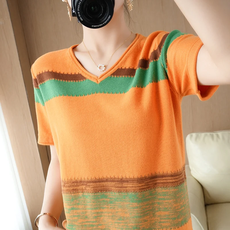 2022 Summer Women Vest New 100% Cotton Knitted T-Shirt Loose V-Neck Thin Pullover Cotton Linen Short-Sleeved Color Matching Tops
2022 Summer Women Vest New 100% Cotton Knitted T-Shirt Loose V-Neck Thin Pullover Cotton Linen Short-Sleeved Color Matching Tops