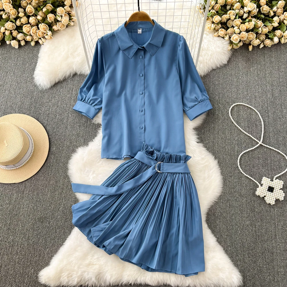 Summer Temperament Sexy Woman Suit Short Puff Sleeve Polo Shirt + Pleated A-line Skirt Blet Two Piece Set Vintage Elegant Women
Summer Temperament Sexy Woman Suit Short Puff Sleeve Polo Shirt + Pleated A-line Skirt Blet Two Piece Set Vintage Elegant Women