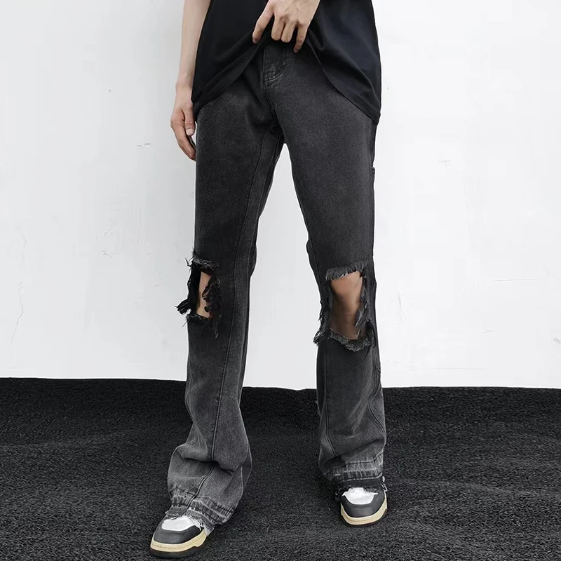 Harajuku Ripped Hole Black Washed Mens Jeans Streetwear Color Match Distressed Flare Pants Hip Hop Loose Denim Trousers
Harajuku Ripped Hole Black Washed Mens Jeans Streetwear Color Match Distressed Flare Pants Hip Hop Loose Denim Trousers