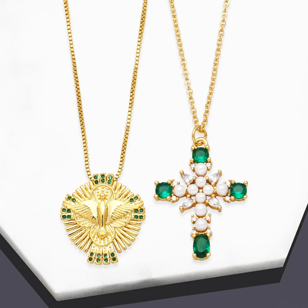 FLOLA Copper Gold Plated Round Disc Dove Necklace for Women White Pearl Green Crystal Cross Necklace Fashion Jewelry nkeb587
FLOLA Copper Gold Plated Round Disc Dove Necklace for Women White Pearl Green Crystal Cross Necklace Fashion Jewelry nkeb587