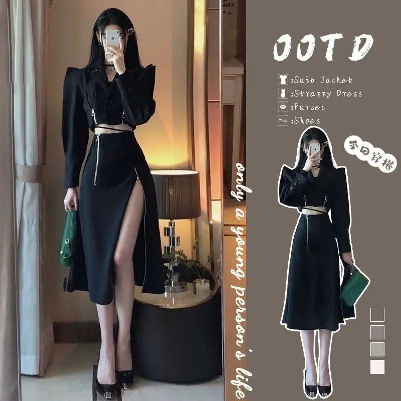 Black suit two-piece women's short coat A-line high waist slit skirt fashion high-quality office suit two-piece elegant dresses
Black suit two-piece women's short coat A-line high waist slit skirt fashion high-quality office suit two-piece elegant dresses