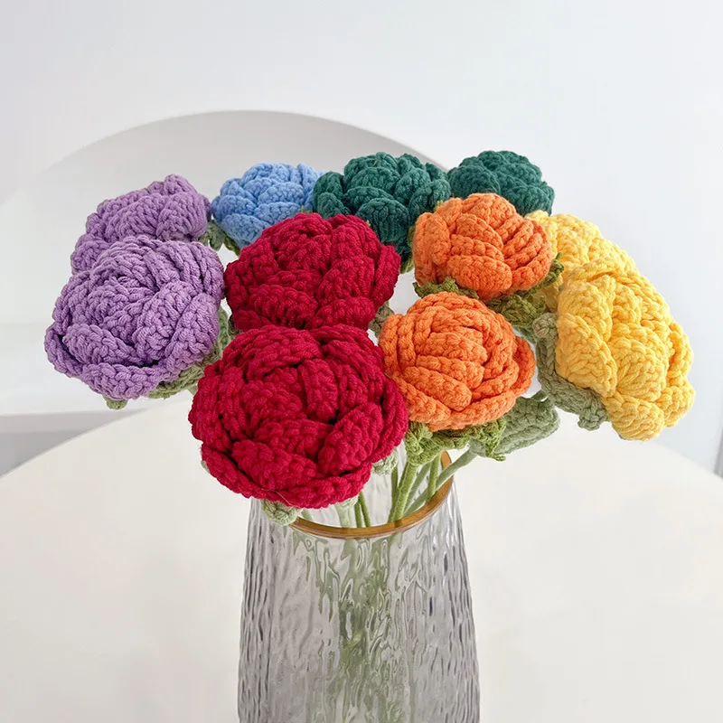 

Finished Needle Crochet Woolen Rose Knitted Flower Artificial Fake Flower Bouquet Birthday Gift Home Ornament Decoration Need