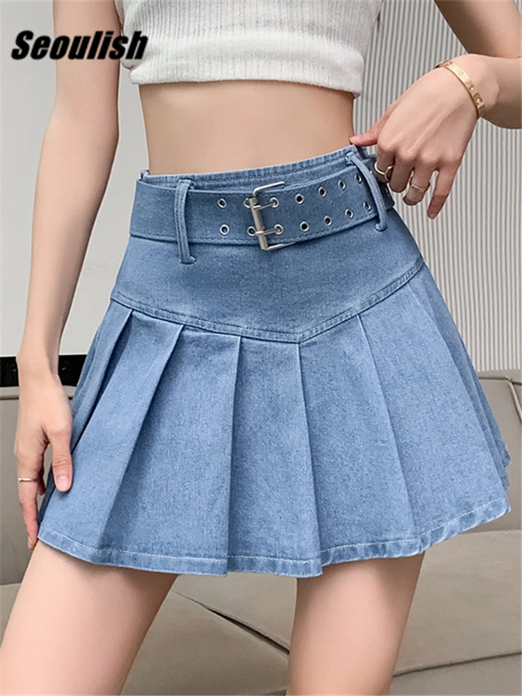 

Seoulish High Waist Women's Denim Pleated Short Skirts with Belted 2023 New Spring Summer Cowboy Jeans A-Line Mini Skirts Female