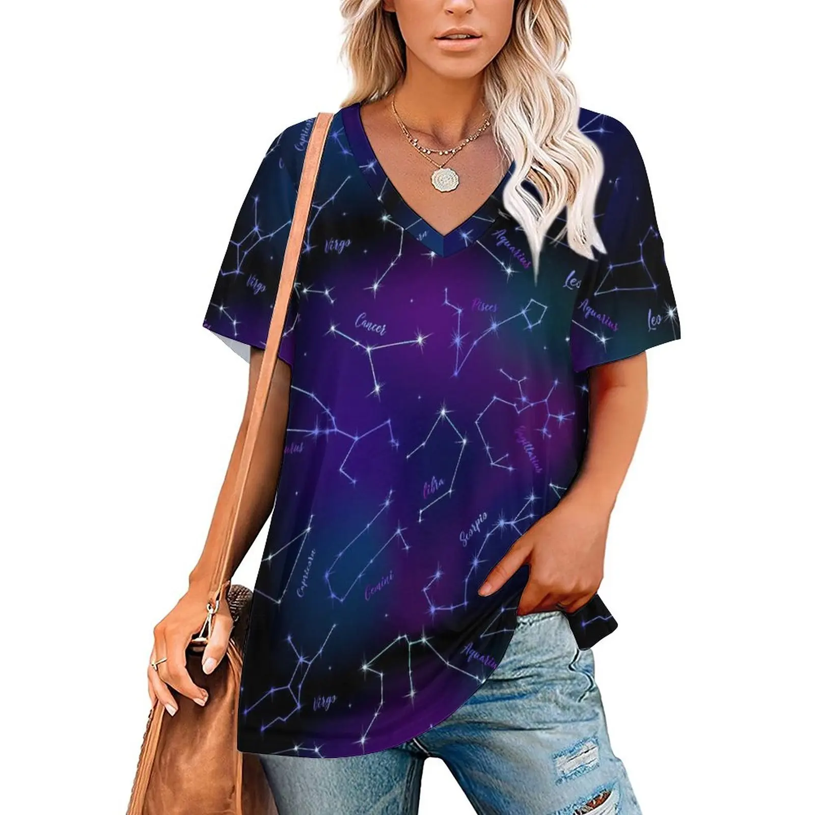 Astrology Print T Shirts Stars Space V Neck Basic Oversized T-Shirt Short Sleeve Woman Modern Tshirt Beach Design Tees
Astrology Print T Shirts Stars Space V Neck Basic Oversized T-Shirt Short Sleeve Woman Modern Tshirt Beach Design Tees