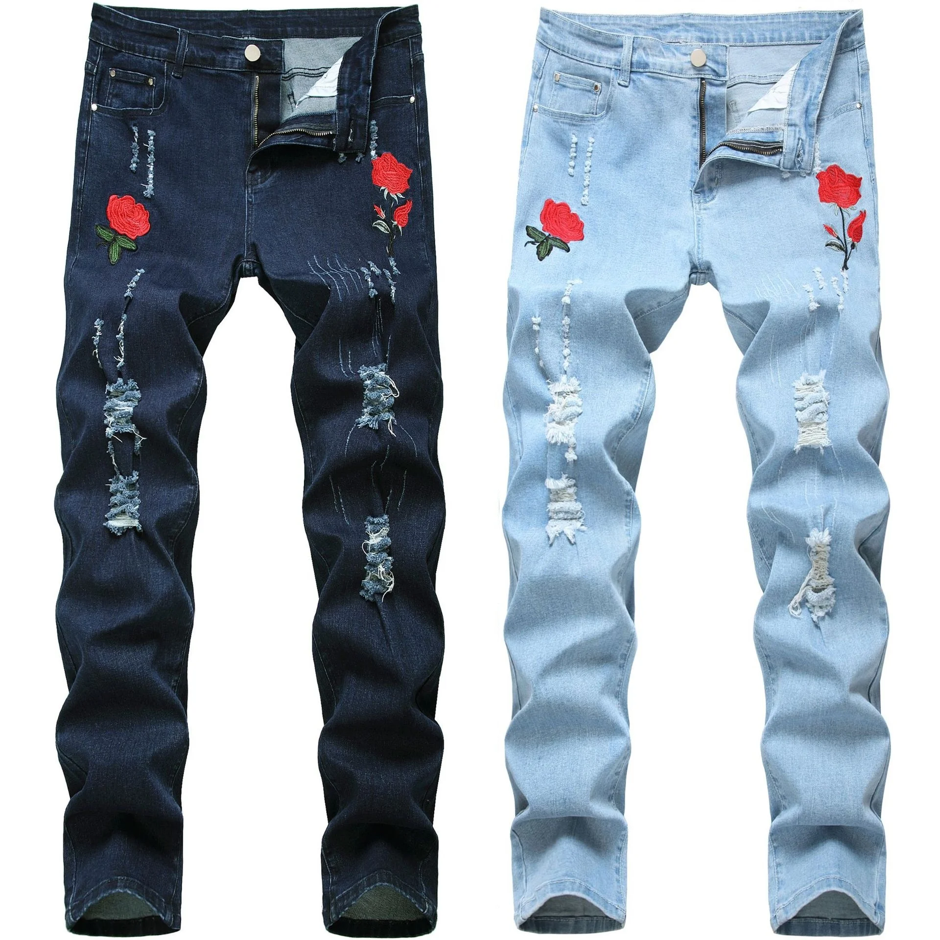 Men's Jeans Rose Embroidered For Men Designer Fashion Skinny Pencil Pants Holes Blue Denim Spring Autumn
Men's Jeans Rose Embroidered For Men Designer Fashion Skinny Pencil Pants Holes Blue Denim Spring Autumn