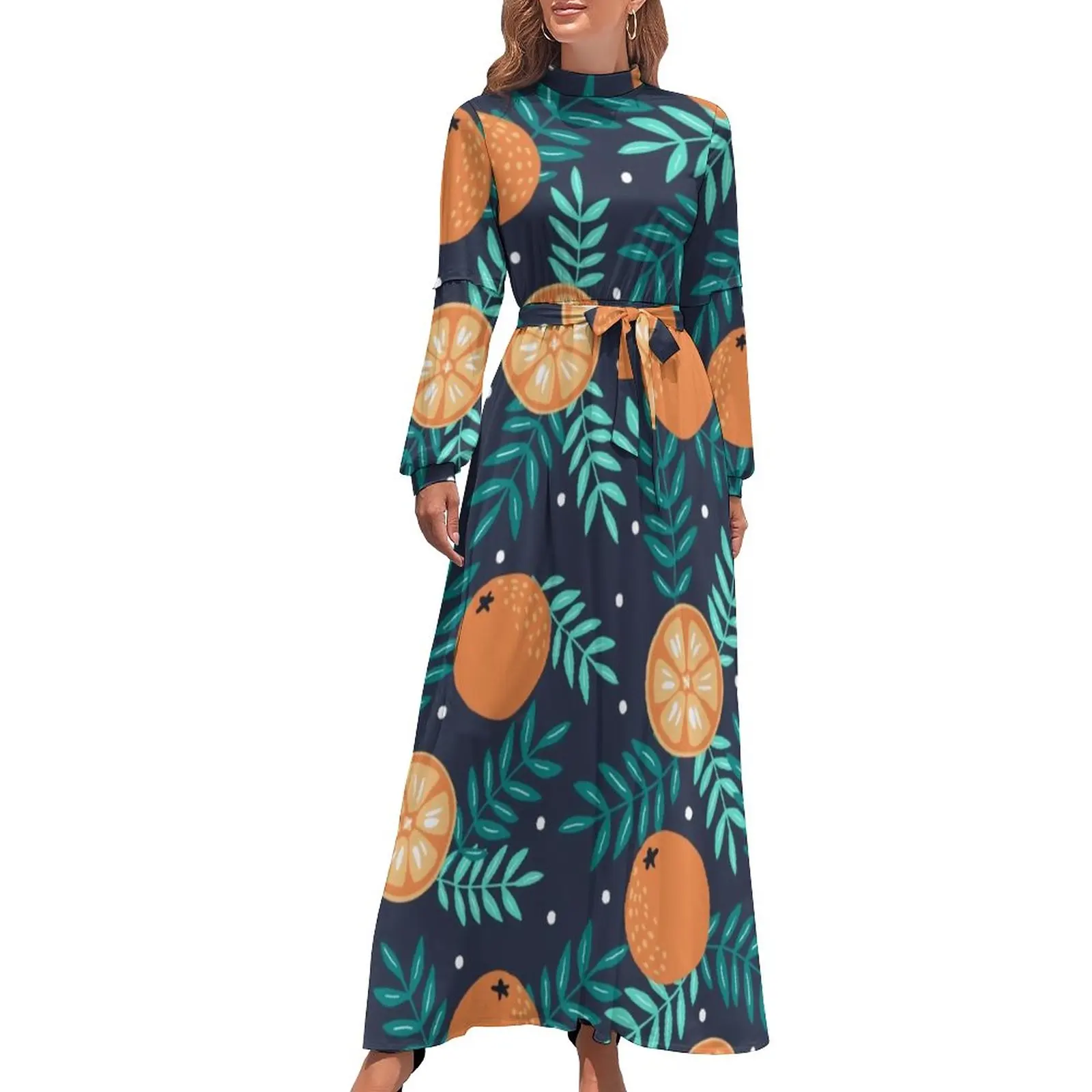 Boho Oranges Dress Long-Sleeve Green Leaves Print Elegant Maxi Dress High Waist Stylish Design Boho Beach Long Dresses Present
Boho Oranges Dress Long-Sleeve Green Leaves Print Elegant Maxi Dress High Waist Stylish Design Boho Beach Long Dresses Present