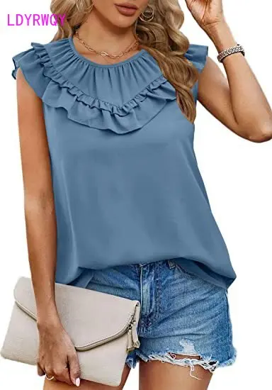 2023 summer European and American women's new round neck pleated wood ear collage sleeveless T-shirt
2023 summer European and American women's new round neck pleated wood ear collage sleeveless T-shirt