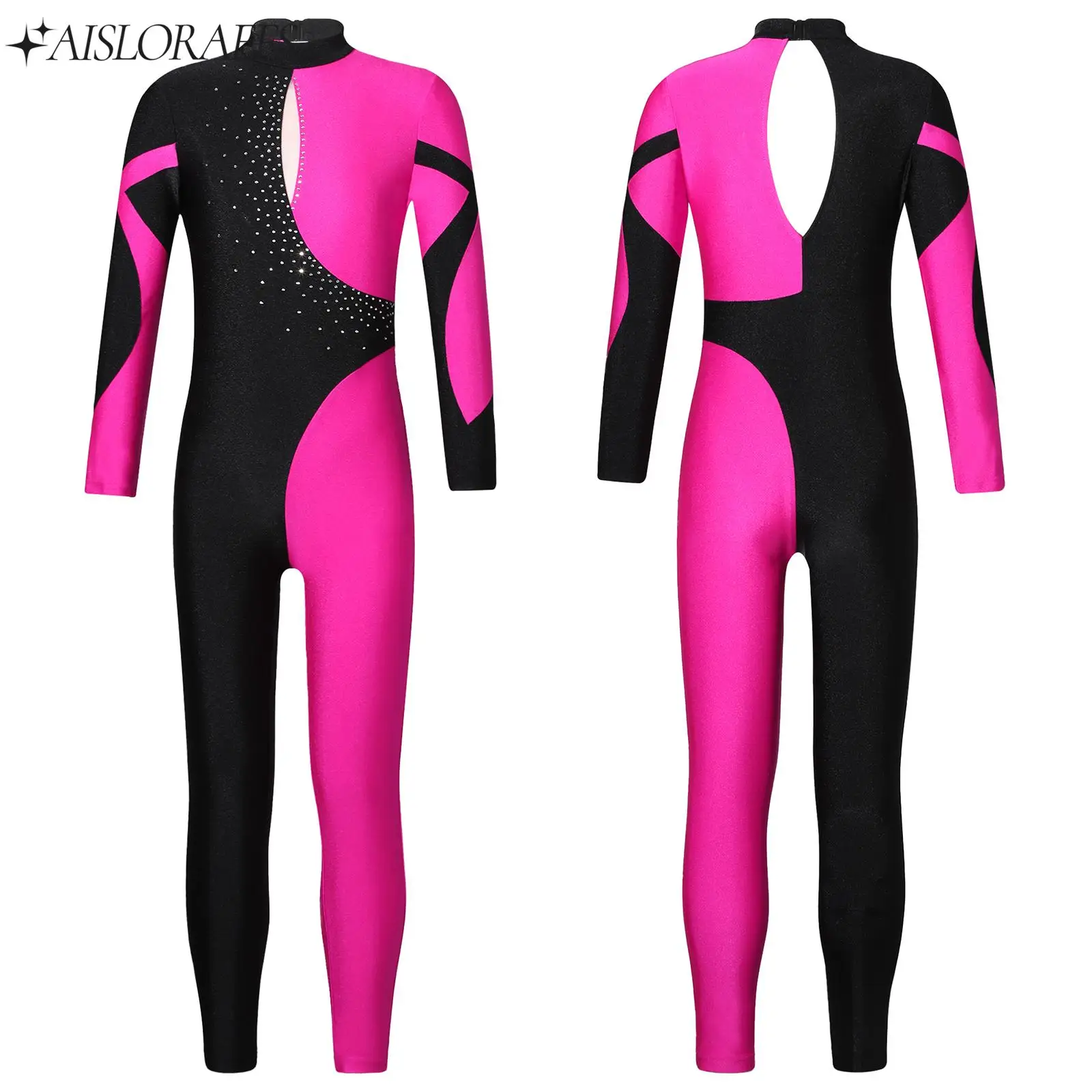 

Girl Kid Gymnastics Jumpsuit Long Sleeve Ballet Leotard Shiny Rhinestone Workout Yoga Skating Dancing Bodysuit Full Body Unitard