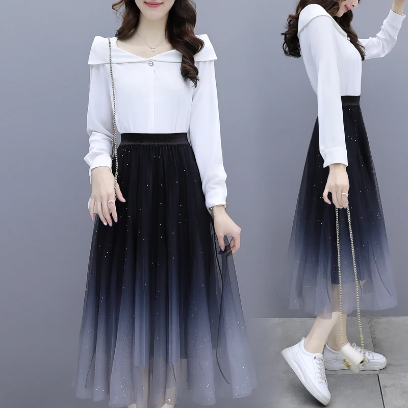 Spring Summer Two Piece Set Elegant Fashion Suit Skirt Women 2022 Long Sleeved Chiffon Top + Starry Sky High Waist Mesh Skirts
Spring Summer Two Piece Set Elegant Fashion Suit Skirt Women 2022 Long Sleeved Chiffon Top + Starry Sky High Waist Mesh Skirts