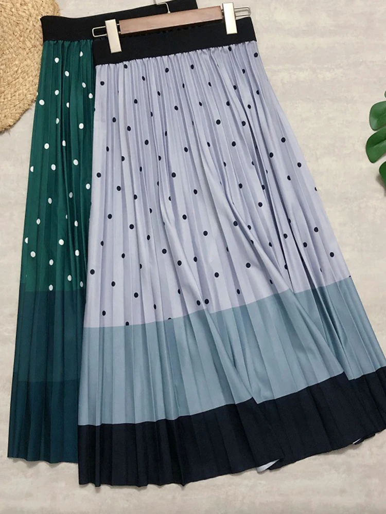 

TIGENA Women Long Pleated Skirt Aesthetic Contrast Color Polka Dot Printed A Line High Waist Midi Skirt Female