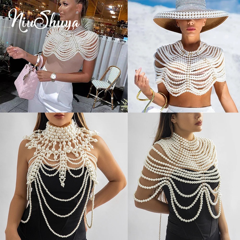

NSY Sexy Multi-layers Pearl Body Chains Bra Shawl Fashion Shoulder Necklaces Tops Chain Wedding Dress Pearls Body Jewelries