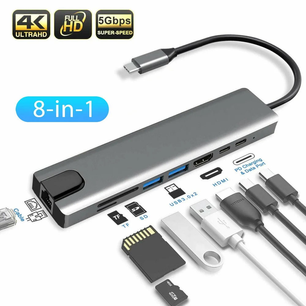 

8 in 1 Typt-C USB Type C To HDMI RJ45 Gigabit Ethernet Adapter USB 3.0 HUB Dock with Card Reader PD Charger 87W 4K Multi Adapter