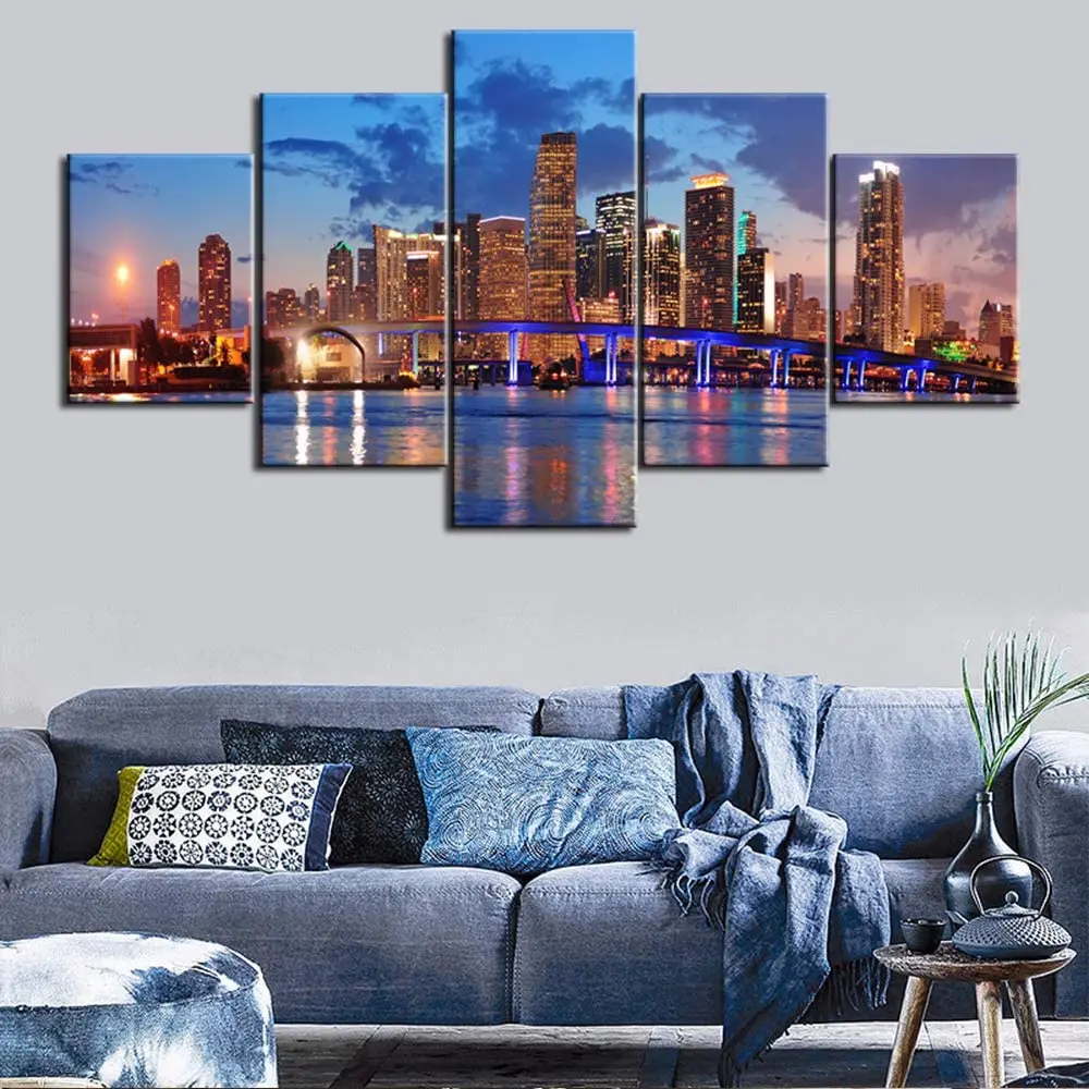 

No Framed Canvas 5Pcs Miami Beach Skyline Night Cityscape City Wall Art Posters Pictures for Living Room Home Decor Paintings