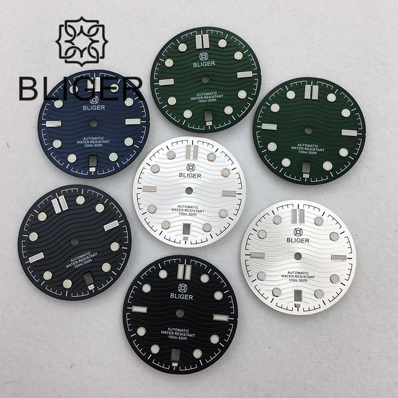 

BLIGER 31mm Sterile Watch Dial Blue Black Green White Luminous Fit NH35 Movement 6 O'clock Date Window