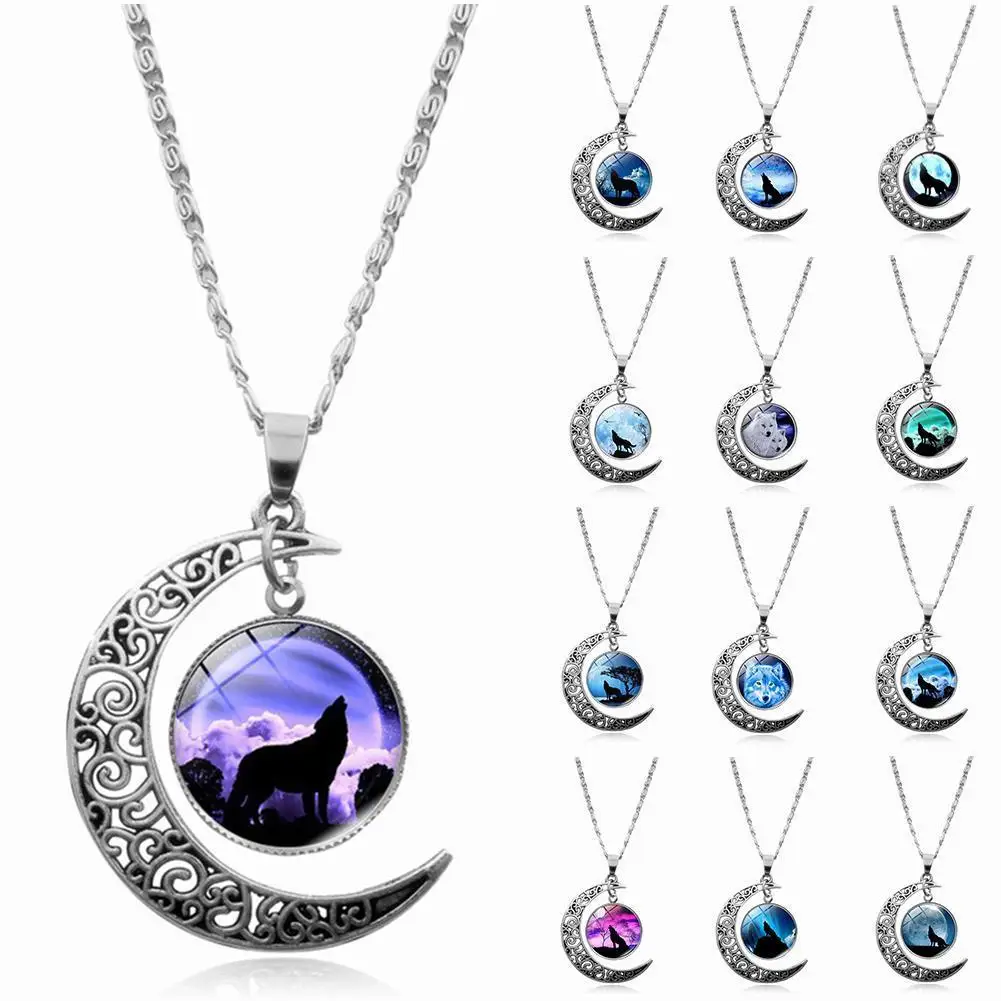 

Модное ожерелье с подвеской в виде полумесяца, полый волк, подарок для женщины, подруги, ожерелье с кабошоном, цепочка из стекла F8H7