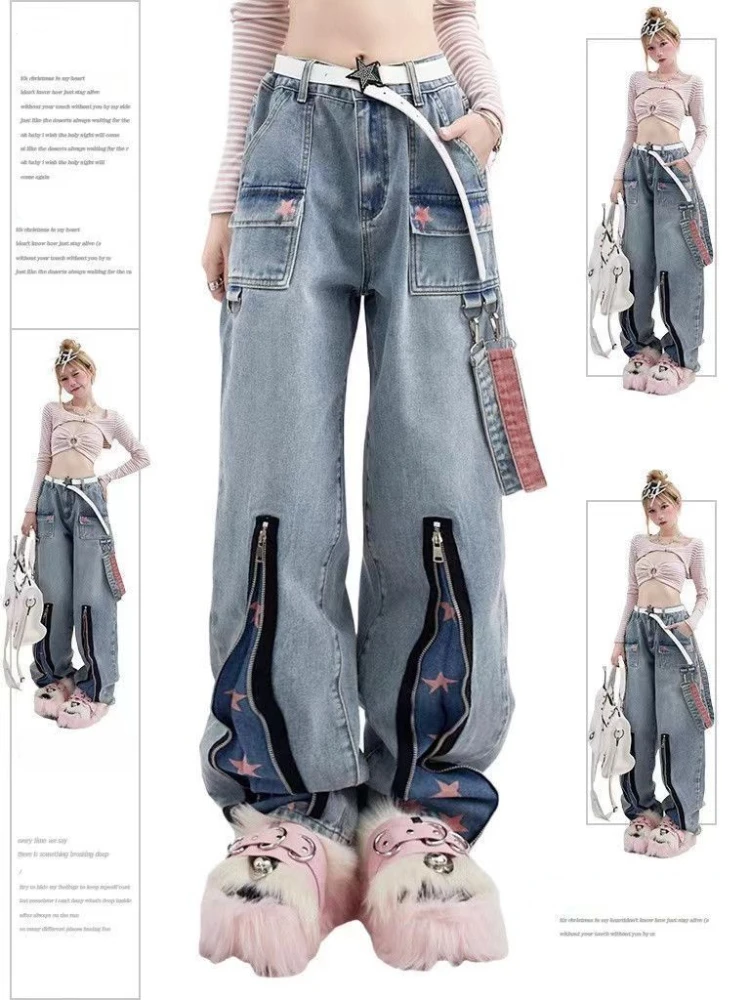 

Джинсы Y2K женские оверсайз, винтажные брюки в готическом стиле со звездами, прямые брюки из денима с широкими штанинами, в винтажном стиле, уличная одежда