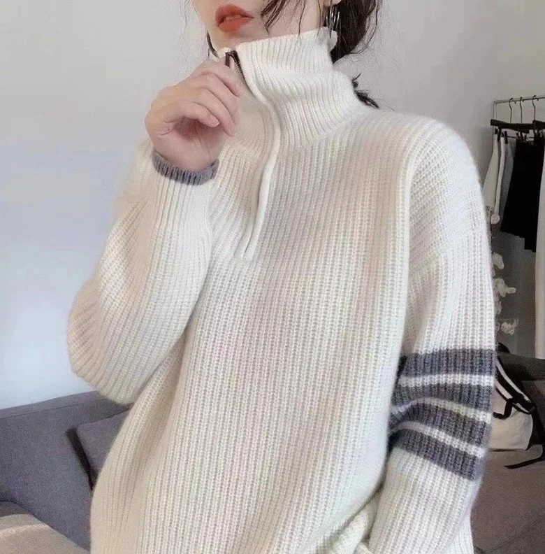 TB striped four-bar V-neck zipper autumn and winter lovers loose casual sweater cardigan women's trend
TB striped four-bar V-neck zipper autumn and winter lovers loose casual sweater cardigan women's trend