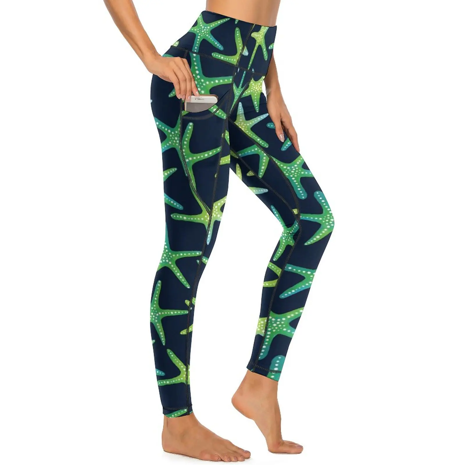 

Зеленые Леггинсы с морскими звездами, сексуальные штаны для спортзала и йоги, эластичные спортивные Леггинсы с высокой талией, элегантные леггинсы с графическим принтом и карманами