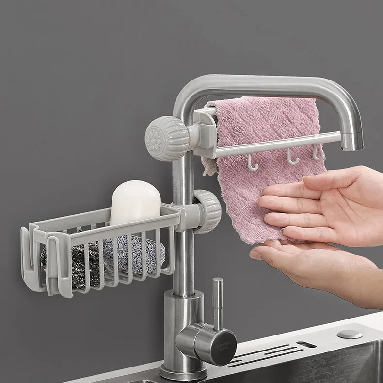 Plastic Kitchen Sink Organizer Tray for Sponge Soap Scrub Multifunctional Adjustable Bathroom Faucet Towel Drying Rack with Hook 
Plastic Kitchen Sink Organizer Tray for Sponge Soap Scrub Multifunctional Adjustable Bathroom Faucet Towel Drying Rack with Hook