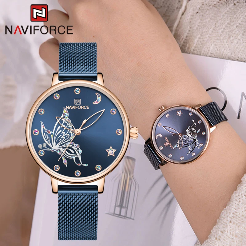 

Часы наручные NAVIFORCE женские кварцевые, элегантные водонепроницаемые модные креативные, с браслетом из нержавеющей стали