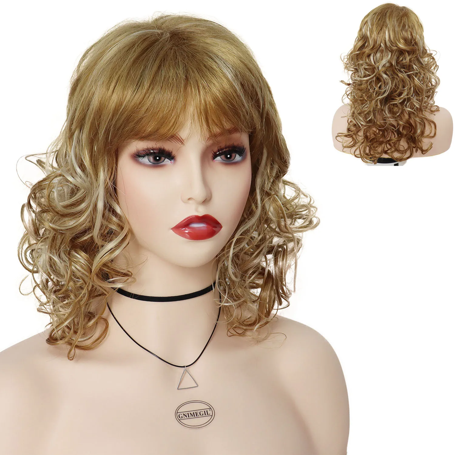 

GNIMEGIL Synthetic Womens Wig Blonde Long Curly Hair Wig with Bangs Mommy Wig Price Cheap Natural Free Part Hairline Wigs Female