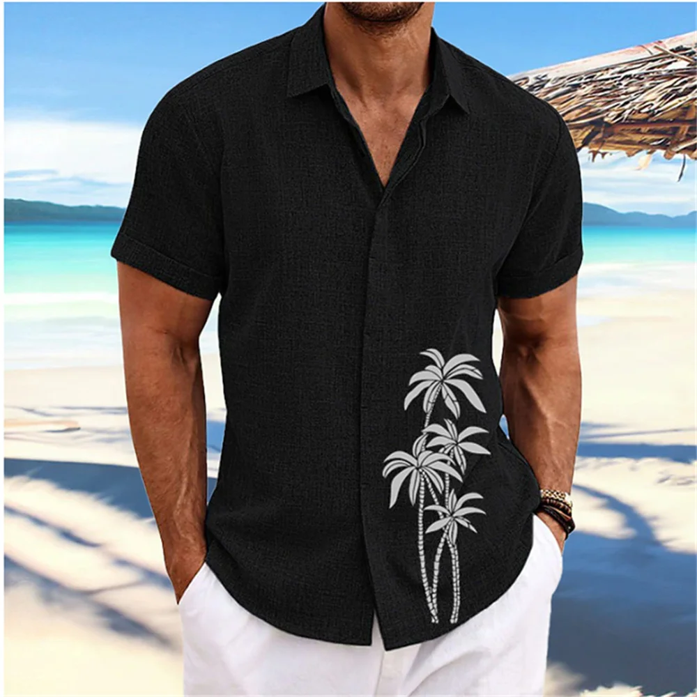 

2023 Summer Solid Color hommes chemise à manches courtes coco Tree imprimé revers bouton manches courtes vêtements haut de mode