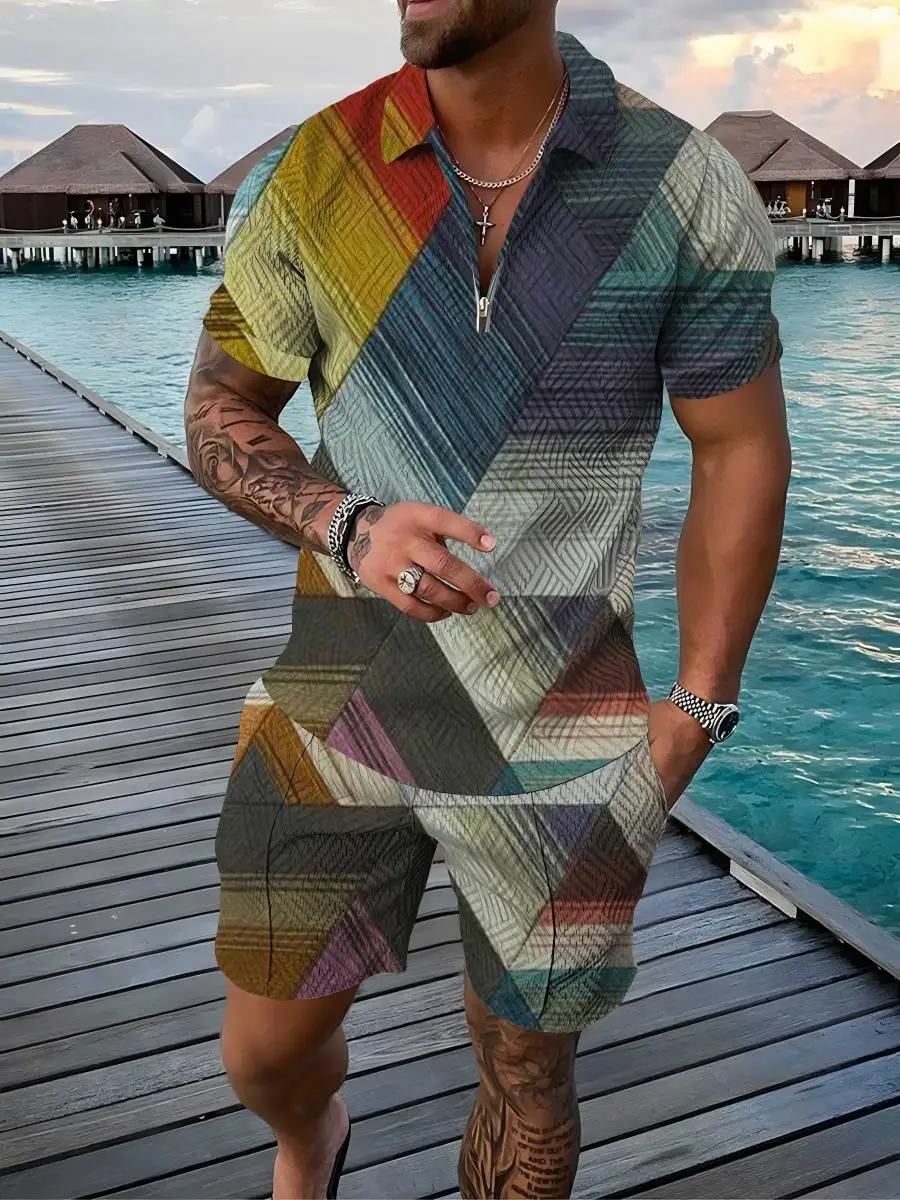 European and American Men's Summer Geometric Polo Shirt Suit Street Fashion Zipper Short-sleeved T-shirt Shorts Two-piece Set
European and American Men's Summer Geometric Polo Shirt Suit Street Fashion Zipper Short-sleeved T-shirt Shorts Two-piece Set